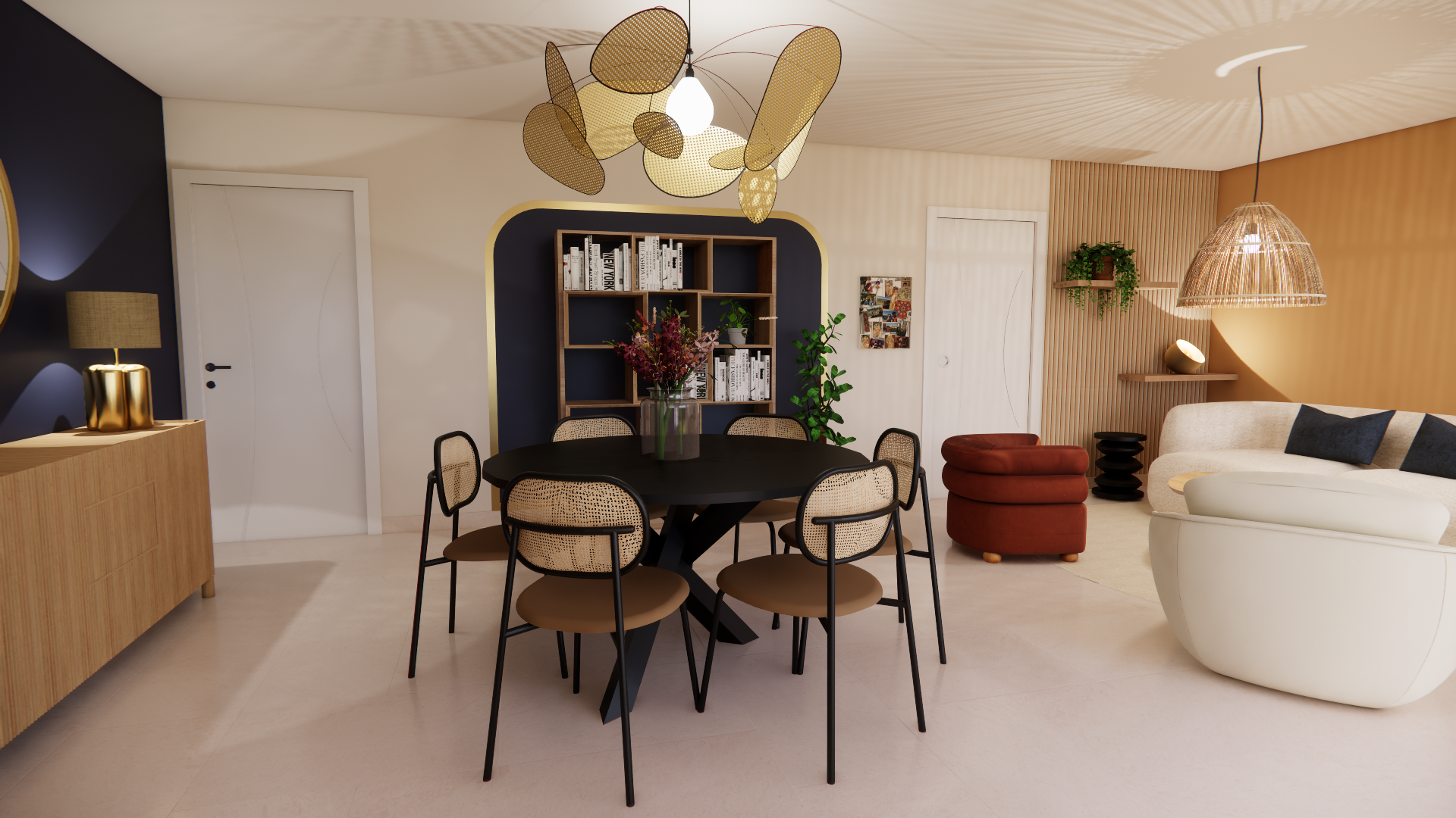 pièce de vie bleu et doré décoration